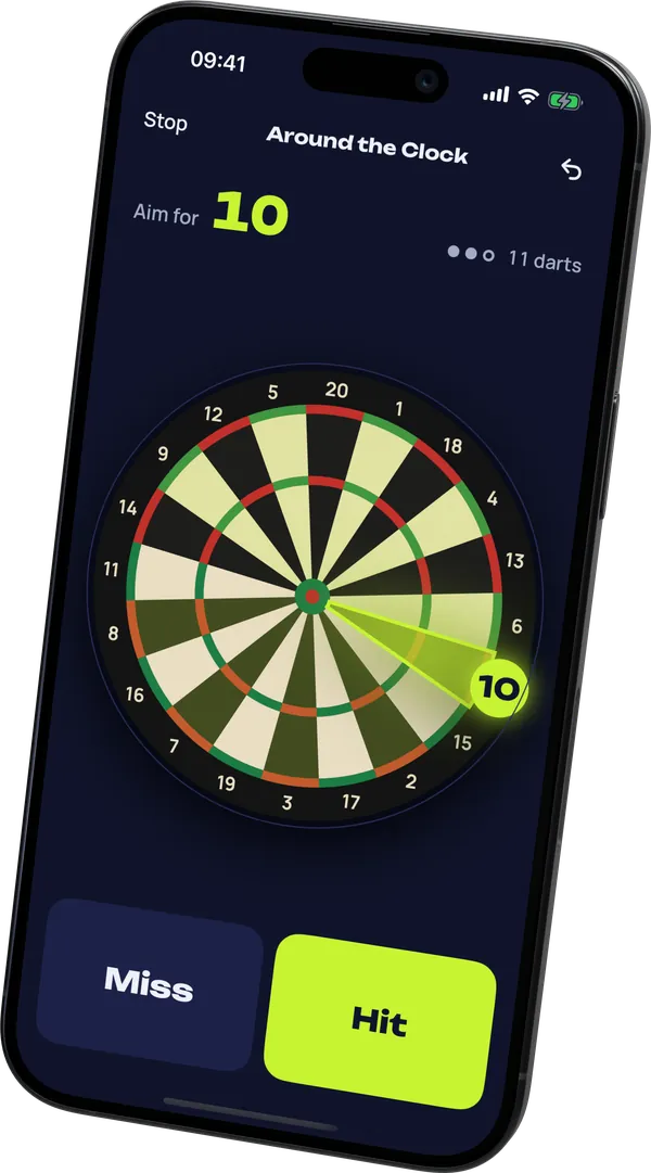 Around the Clock on a dartboard with the 10 lit up in lime and the numbers already hit washed in lime.
