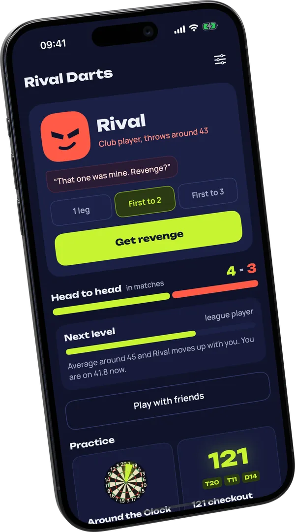 The home screen: Rival, his line, the match format, and the head to head of 4 matches to 3.