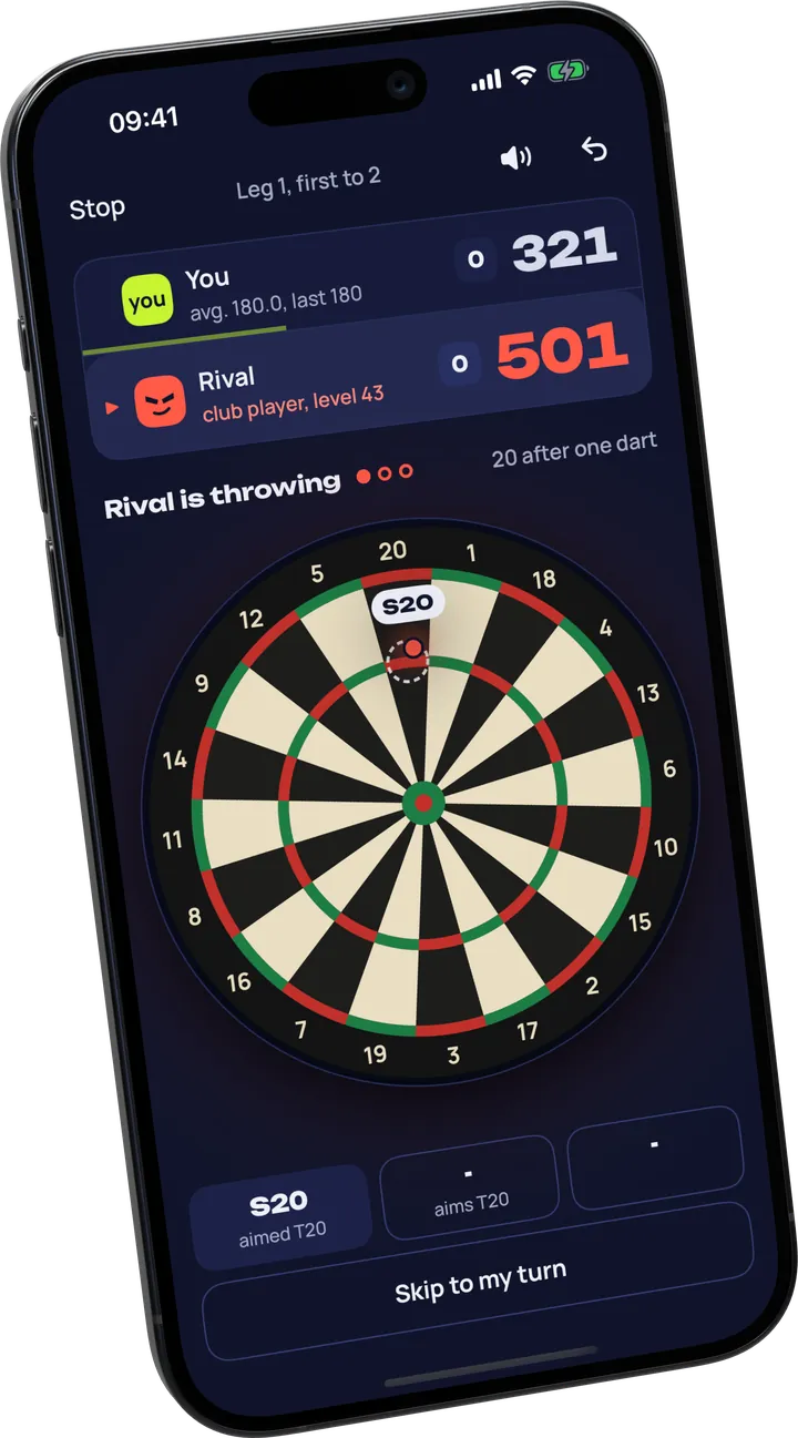 Rival throwing: the dartboard fills the screen, his first dart has landed in the single 20 while he aimed for the treble.