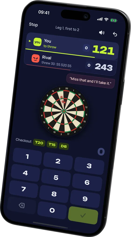 Your turn on 121: the checkout route treble 20, treble 15, double 8, the keypad, and Rival saying he does not think you will finish it.